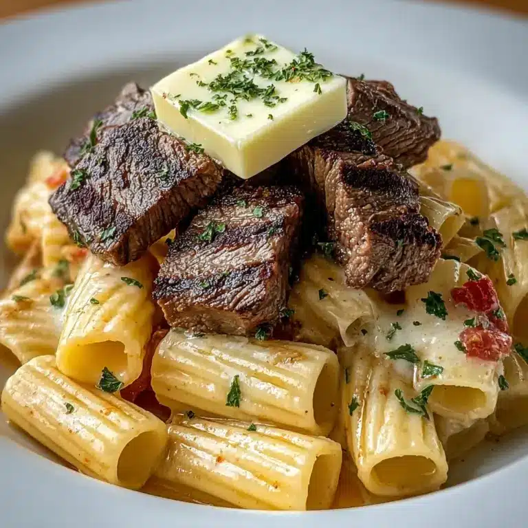 Garlic Butter Steak Tips with Cheesy Rigatoni Recipe