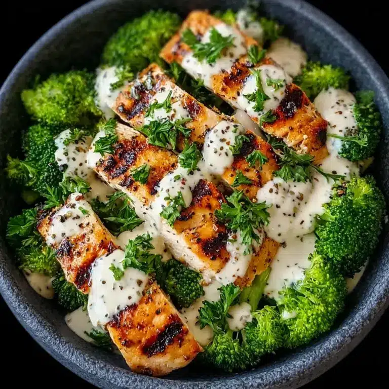 Grilled Chicken & Broccoli Bowls with Creamy Garlic Sauce Recipe